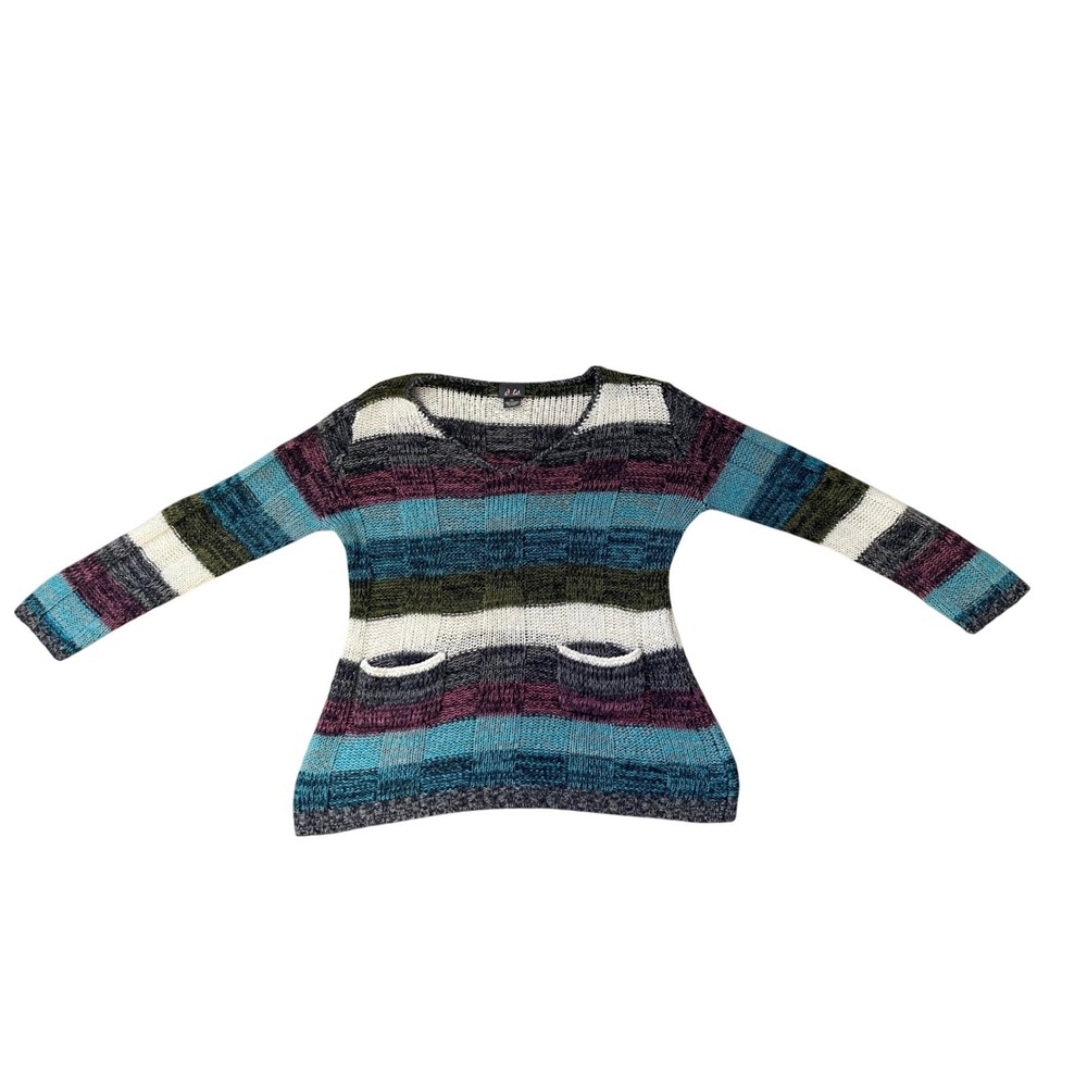 Dots Women's V-Neck Striped Sweater - Teal, Purple, White, Olive